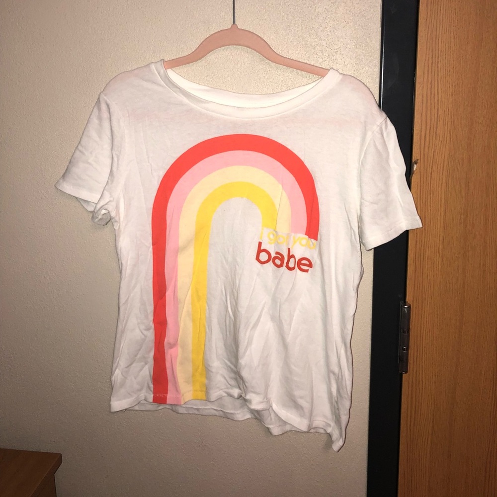 Large white T with colorful print